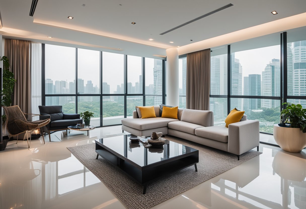 A modern living room with sleek fibreglass furniture in Singapore. Clean lines, minimalist design, and a bright, airy atmosphere