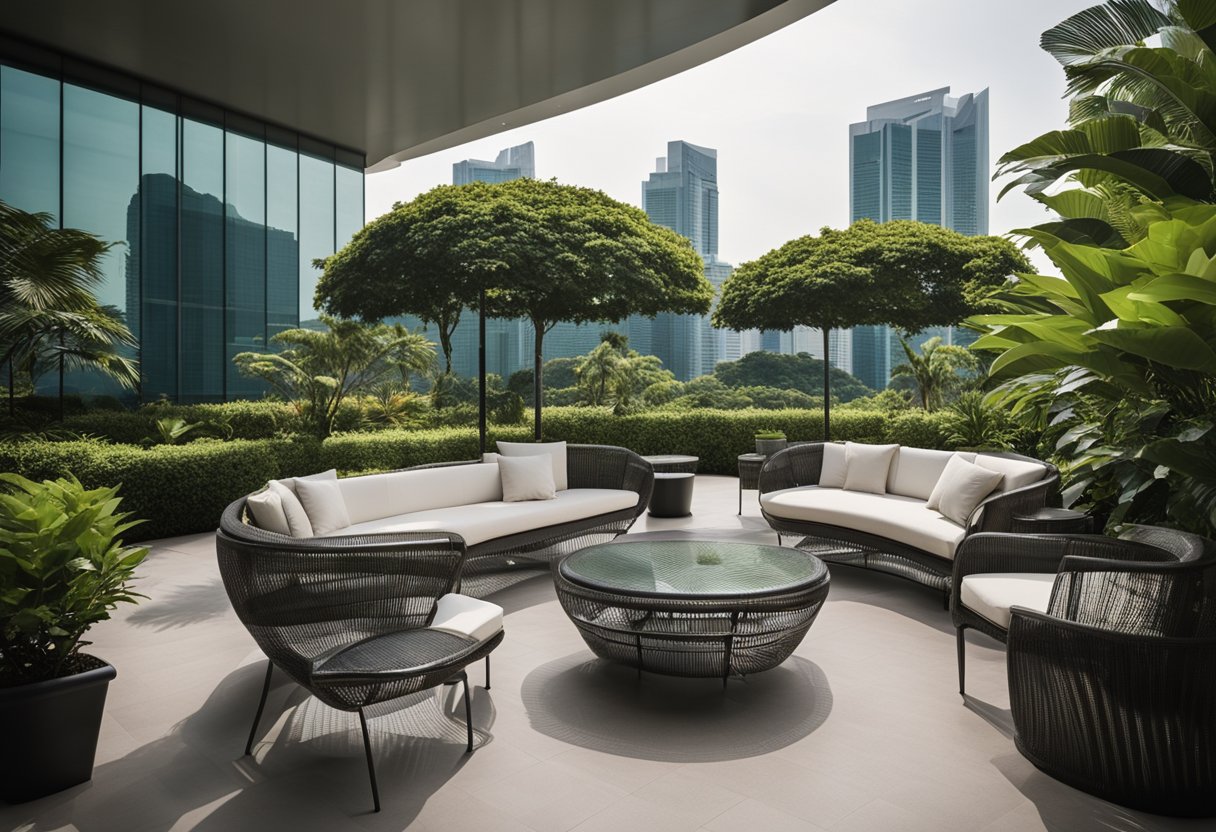 A modern outdoor setting in Singapore, featuring sleek fibreglass furniture, surrounded by lush greenery and bathed in warm natural light
