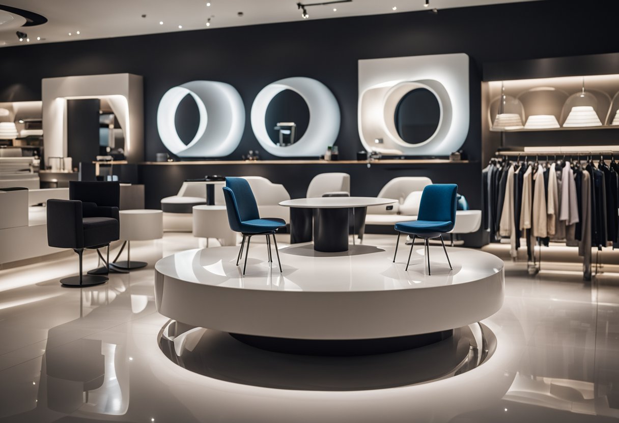 A person carefully selects a sleek fibreglass chair in a modern furniture store in Singapore. The chair's smooth surface and minimalist design stand out