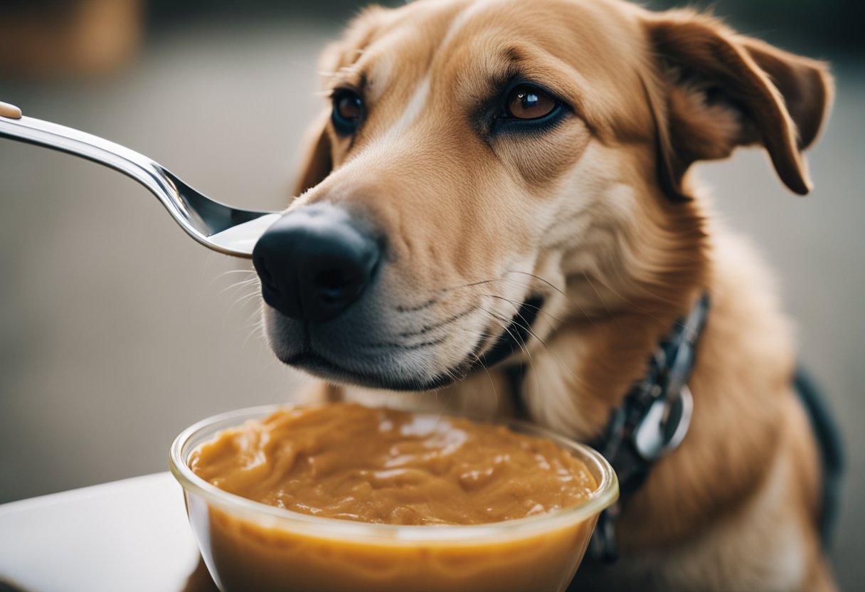 A dog happily licks almond butter from a spoon