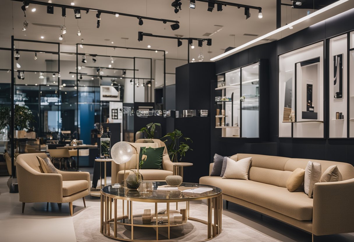 A showroom with modern fibreglass furniture in Singapore, with customers browsing and a sign displaying "Frequently Asked Questions."