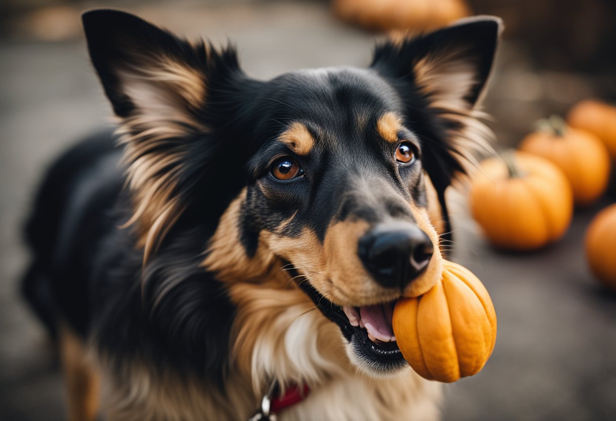 A happy dog eating butternut squash, tail wagging