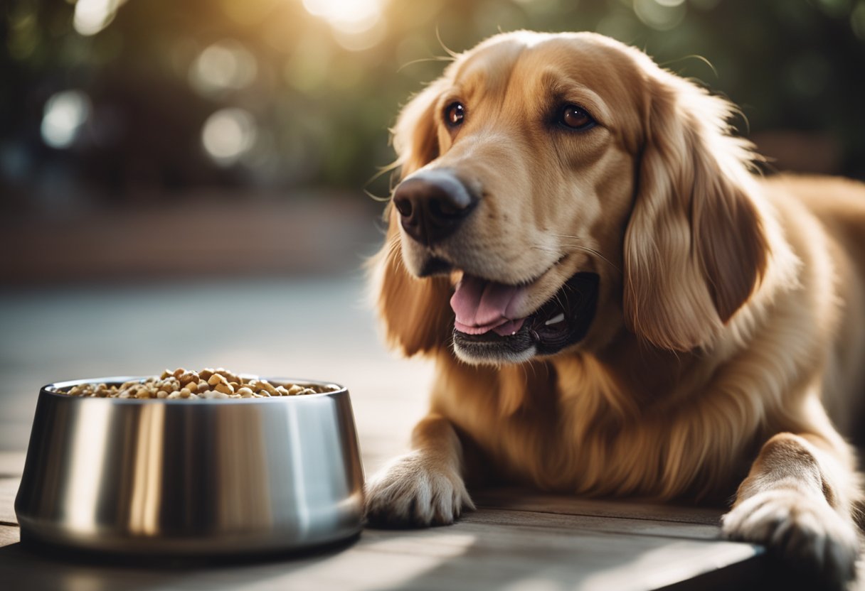 A happy dog eagerly eats Diamond dog food from a shiny bowl
