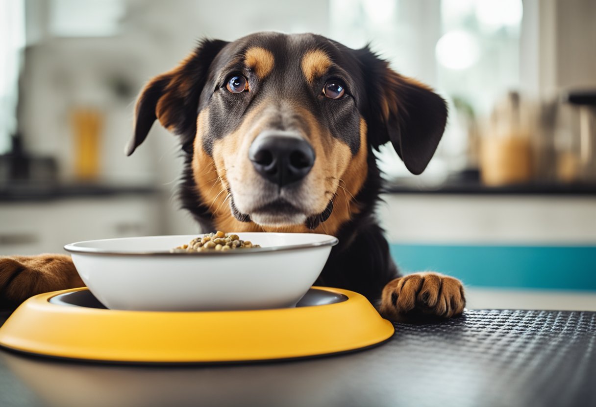 A happy dog eagerly eats Diamond Naturals dog food from a clean bowl on a colorful, non-slip mat