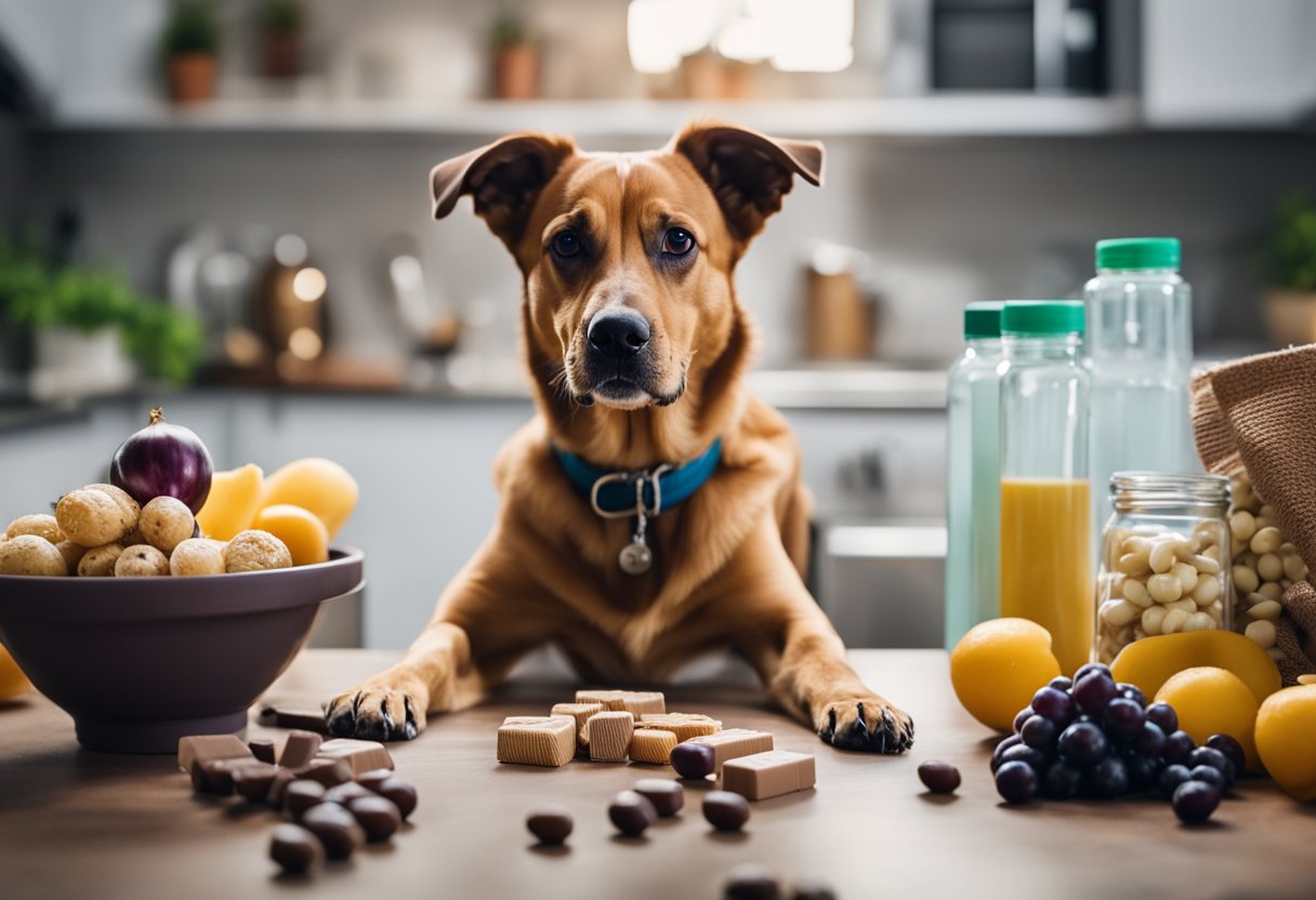 A dog surrounded by common household items like chocolate, grapes, onions, and medications, all of which can be fatal to dogs if ingested