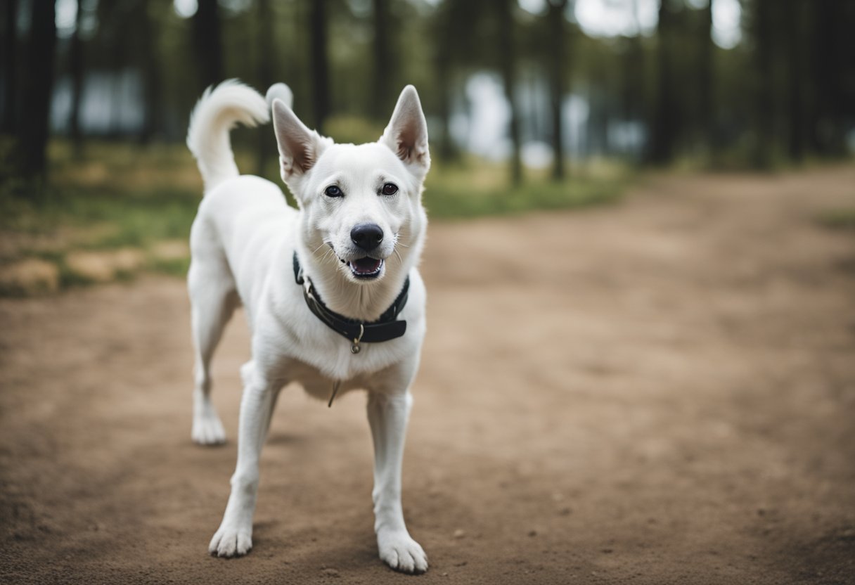 A white dog with a strong build and expressive eyes, standing confidently with his head held high