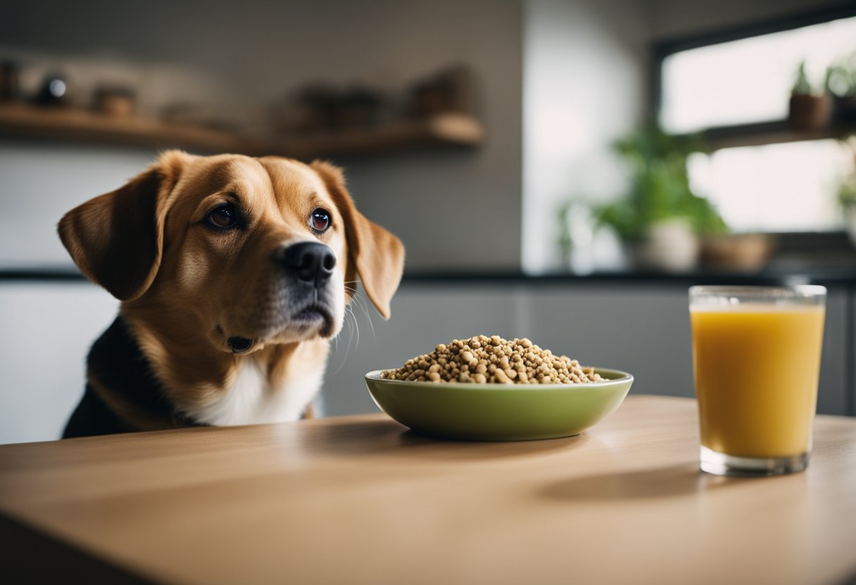 A bowl of bland, easily digestible food sits untouched next to a sick dog, who looks weak and uninterested in eating