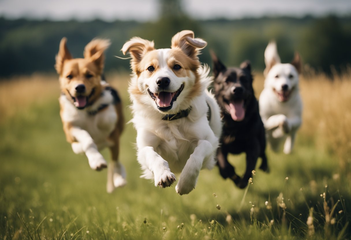 Dogs sprinting through an open field, ears flapping, tongues lolling, joy evident in their every stride