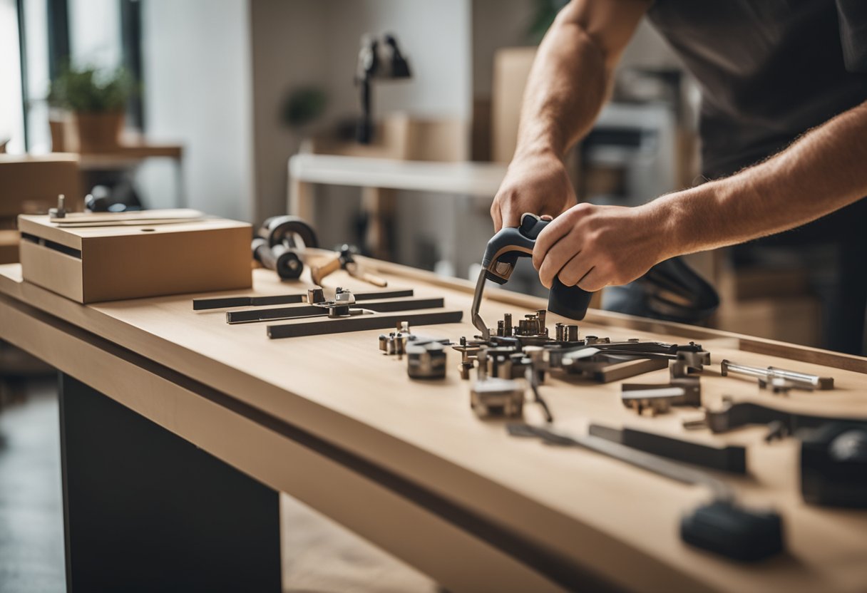 A professional assembling furniture with tools and instructions in a well-lit room