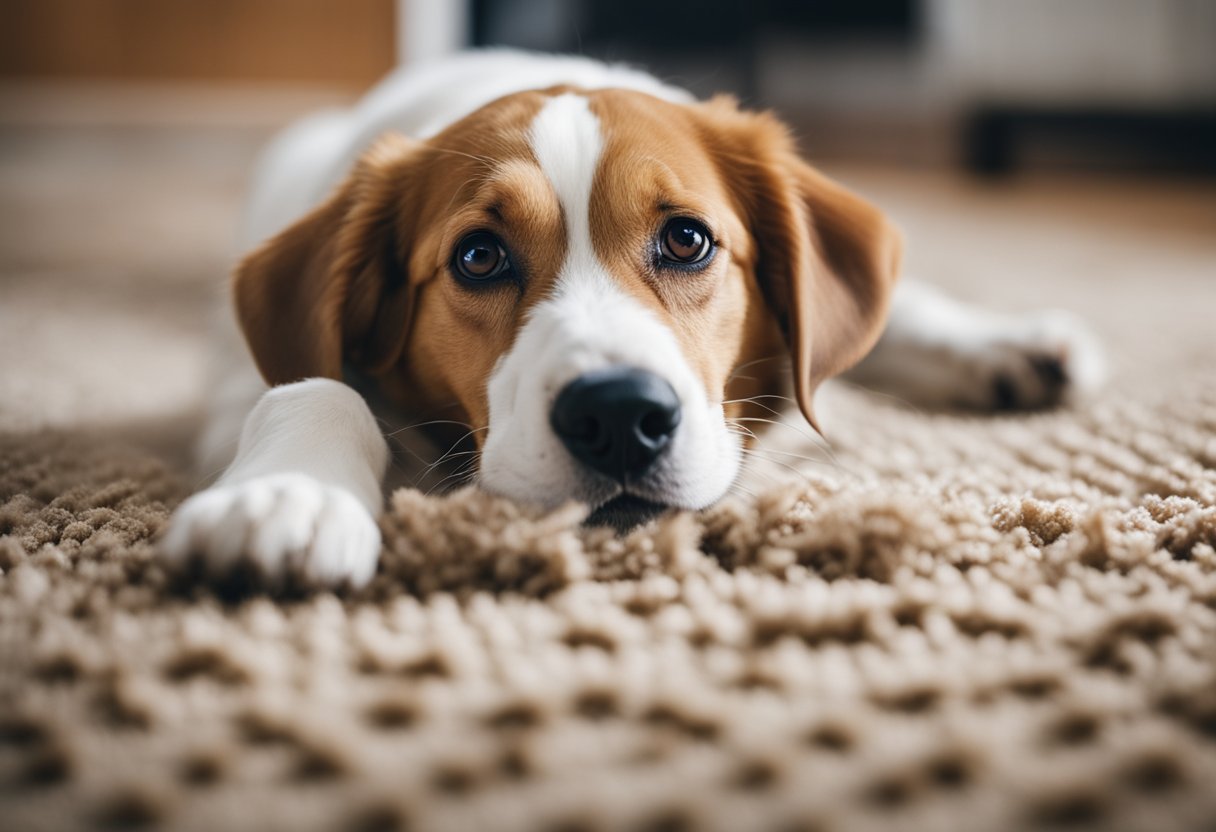 A dog scratching the carpet with its paw, looking frustrated