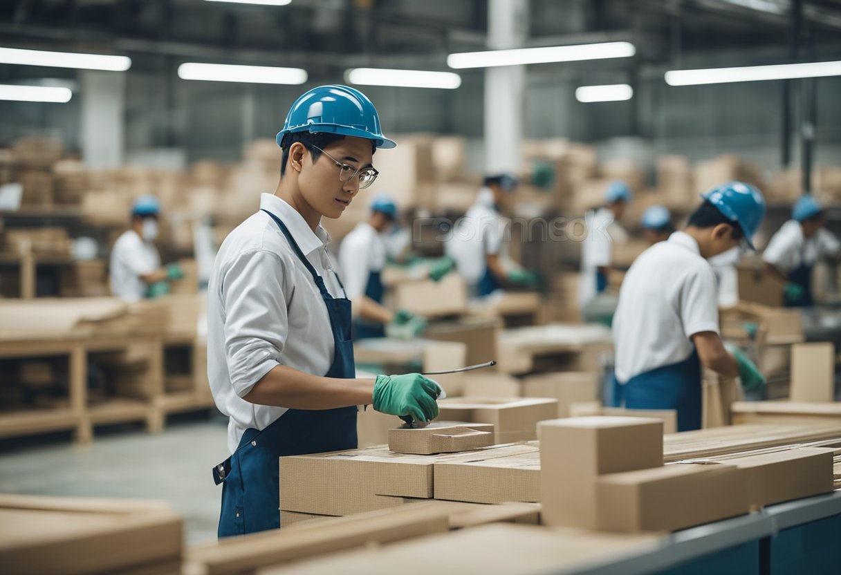 A bustling furniture factory in Singapore, with workers assembling, painting, and packaging various pieces of furniture
