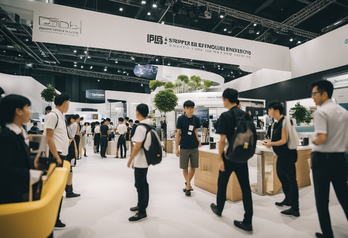 A bustling furniture expo with new designs and technology, showcasing Singapore's innovation and growth strategies in the industry