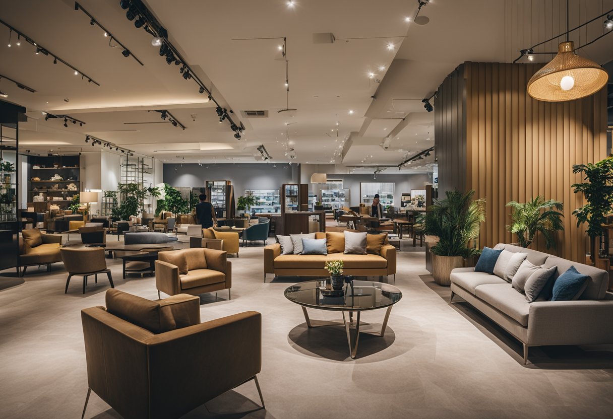 A bustling furniture showroom in Singapore, with customers browsing and staff assisting. Displayed items include sofas, tables, and chairs