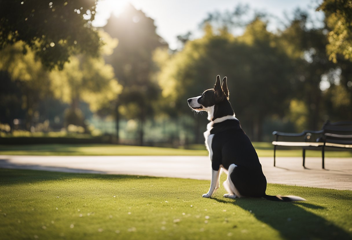 A dog sitting with its back turned, looking out at a park or yard