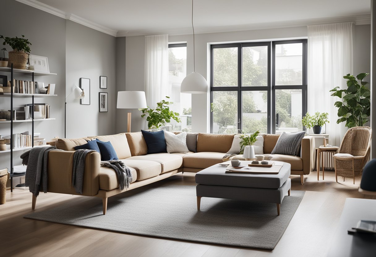 A bright, modern living room with sleek, minimalist IKEA furniture arranged in a cozy and inviting way. The space is well-lit with natural light streaming in through large windows, creating a warm and welcoming atmosphere