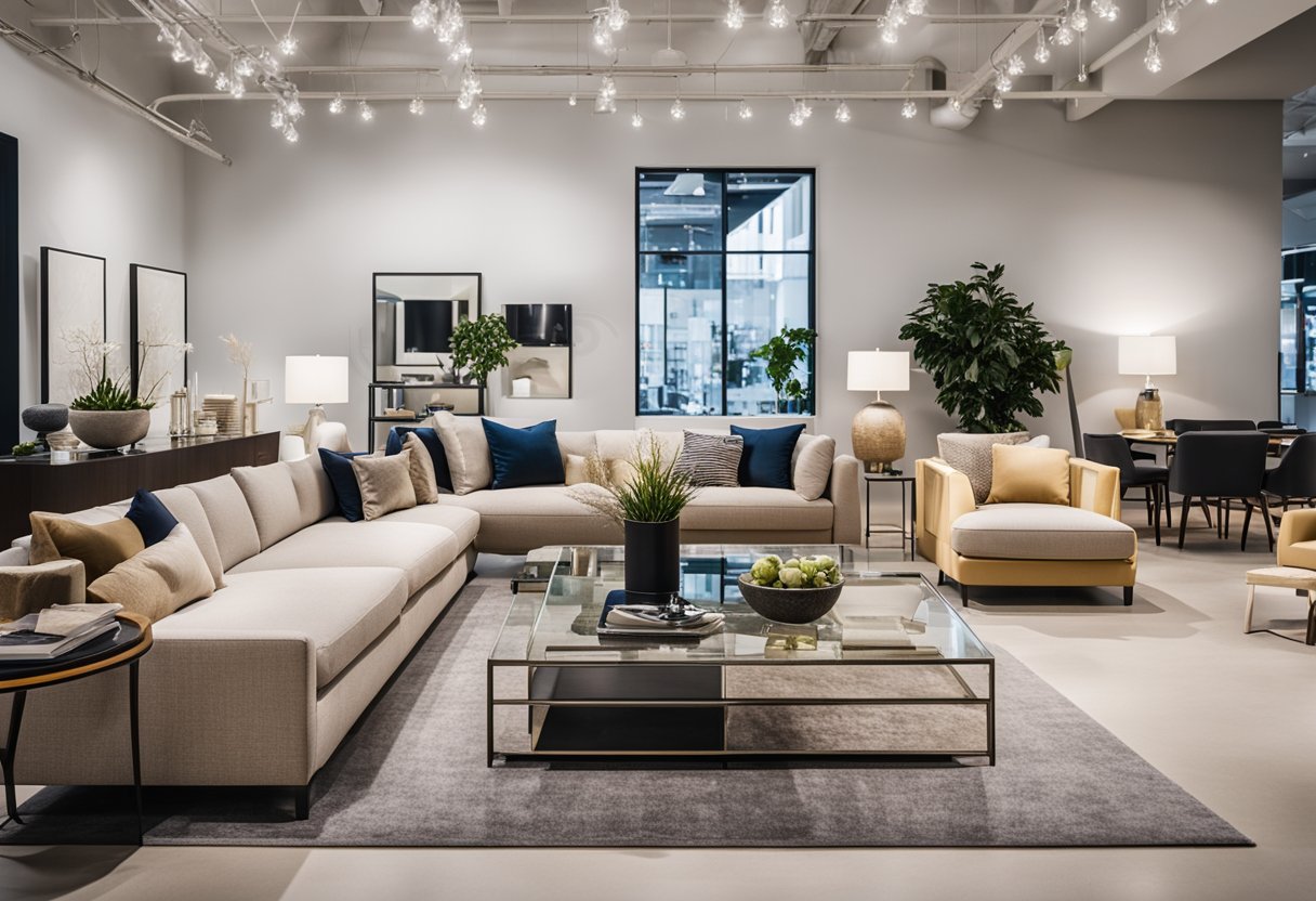 A bright, modern showroom filled with stylish furniture sets and decor. Customers browse, test out, and admire the various rental options available