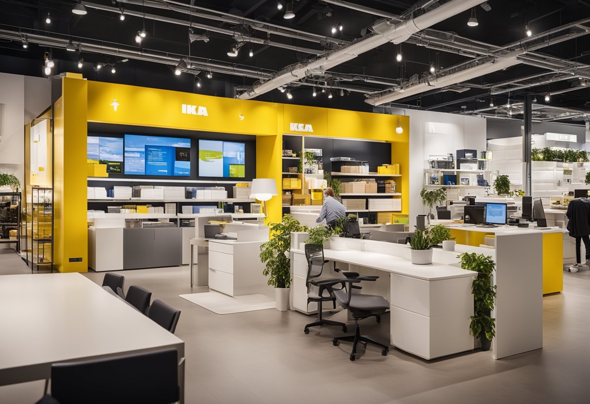A bright and modern IKEA showroom with a display of furniture, signs promoting membership and rewards, and a customer service desk
