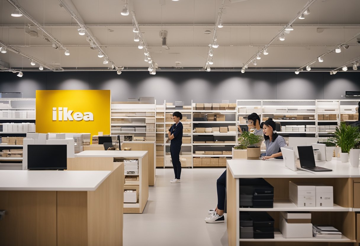 A customer service representative answers questions at an IKEA furniture rental store in Singapore. Shelves of neatly organized products and a welcoming atmosphere can be seen in the background