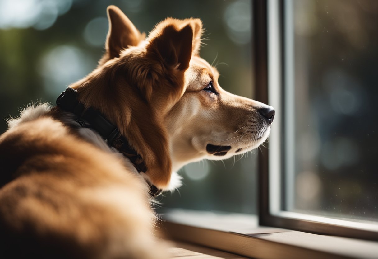 A loyal dog gazes out a window, watching the world go by with a sense of wonder and curiosity, embodying the essence of "A Dog's Purpose" book