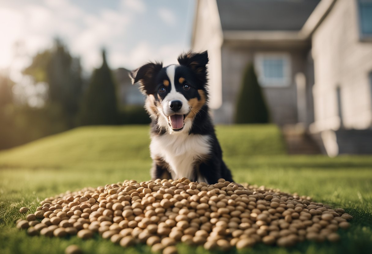 A playful pup stands above a pile of dog food
