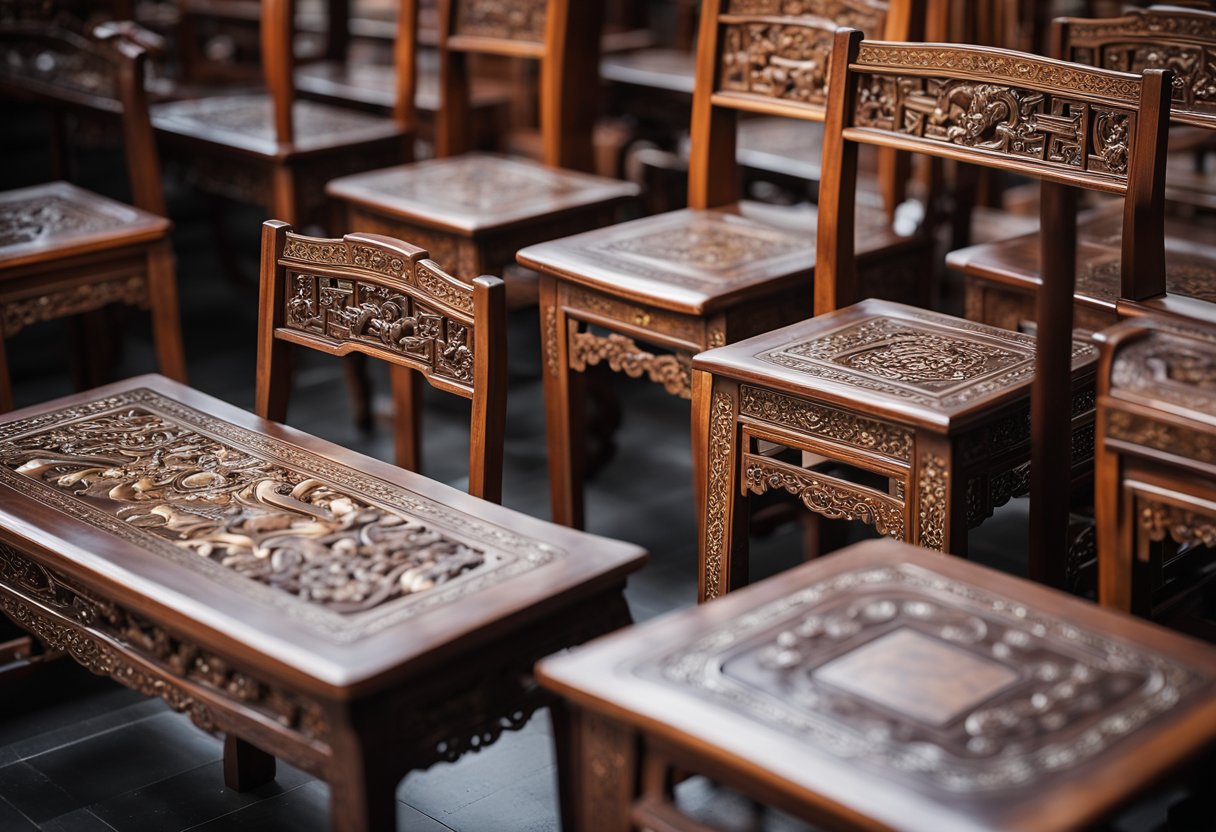 Richly carved wooden chairs and tables, adorned with intricate designs and mother-of-pearl inlays, fill a spacious gallery. Ming and Qing Dynasty furniture exudes timeless elegance and craftsmanship