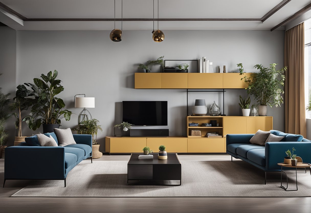 A modern living room with sleek Montana furniture in various colors and configurations, showcasing the brand's versatility and functionality
