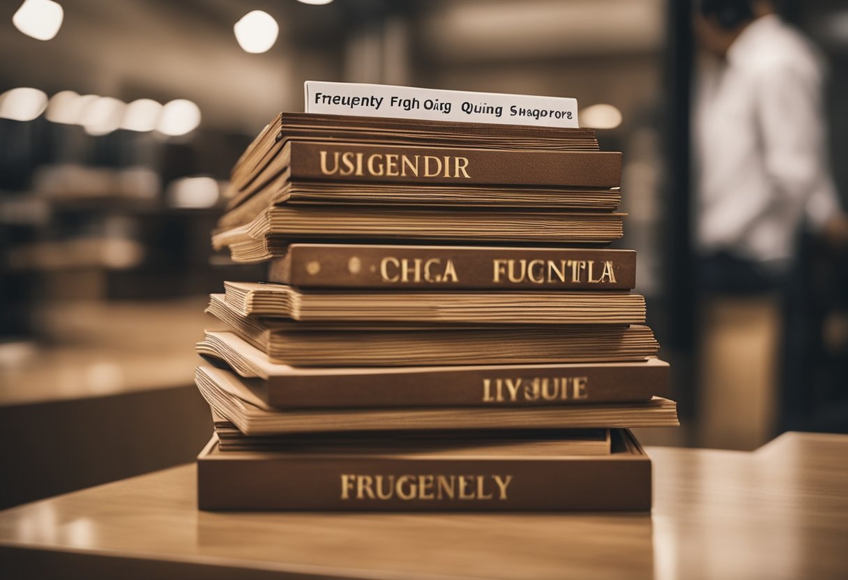 A stack of Ming Qing furniture with a "Frequently Asked Questions" sign in a Singapore showroom