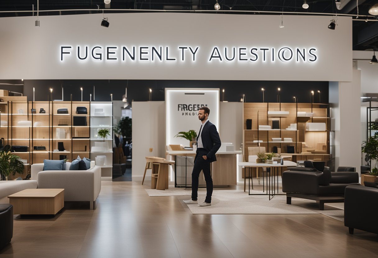 A customer browsing through a showroom of modern furniture with a sign reading "Frequently Asked Questions" in the background