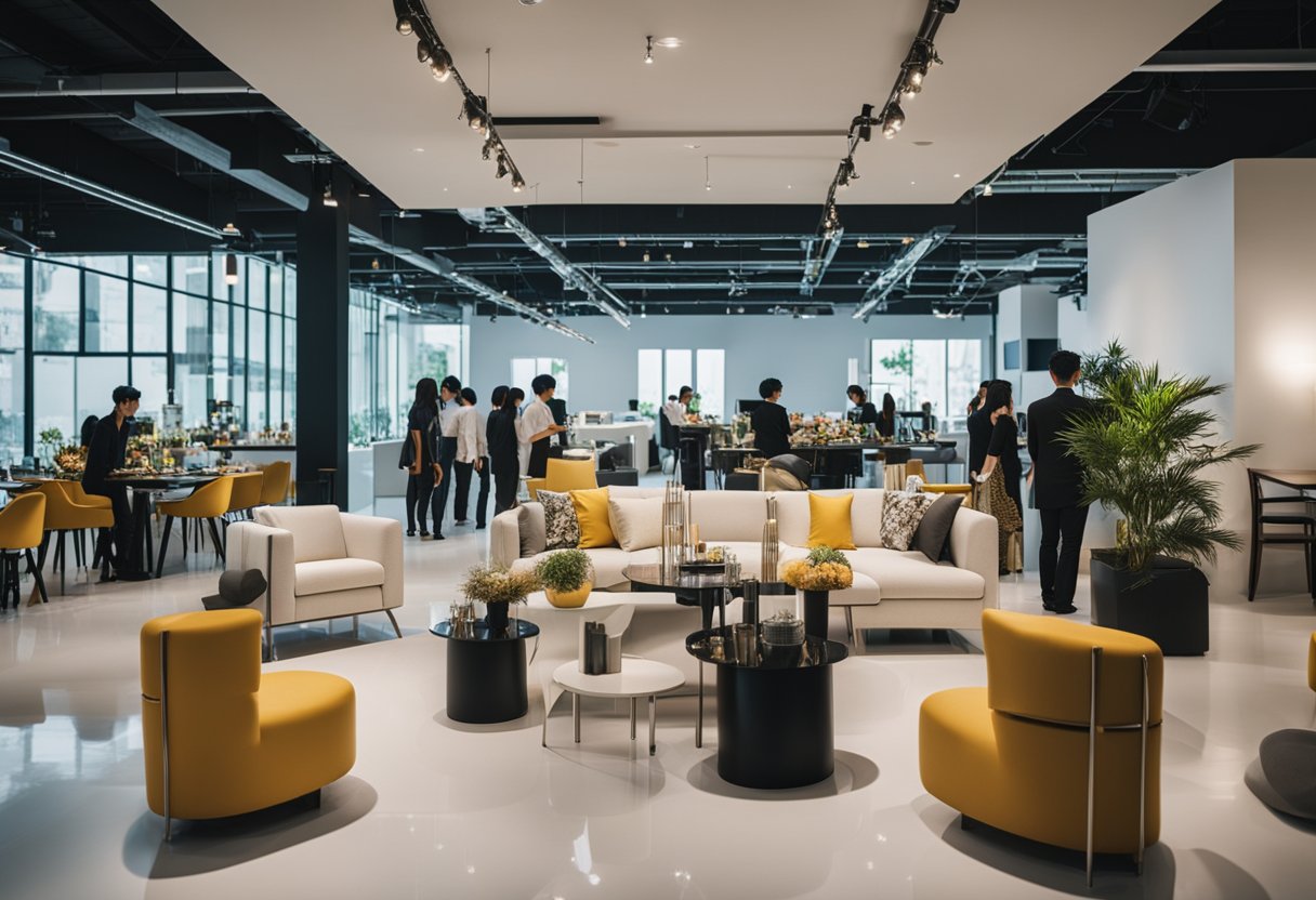 A group examines various rental furniture in a bright, modern showroom. Tables, chairs, and decor options are displayed for a Singaporean party
