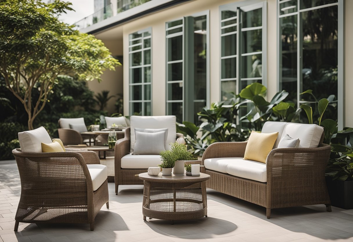 A sunny outdoor setting with a variety of stylish and comfortable furniture options, including tables, chairs, and loungers, set up in a lush garden or patio space in Singapore