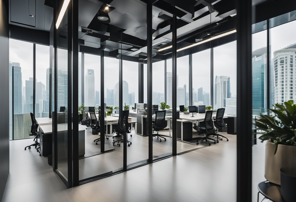 A sleek, minimalist office with metal and glass furniture in a bustling urban setting in Singapore