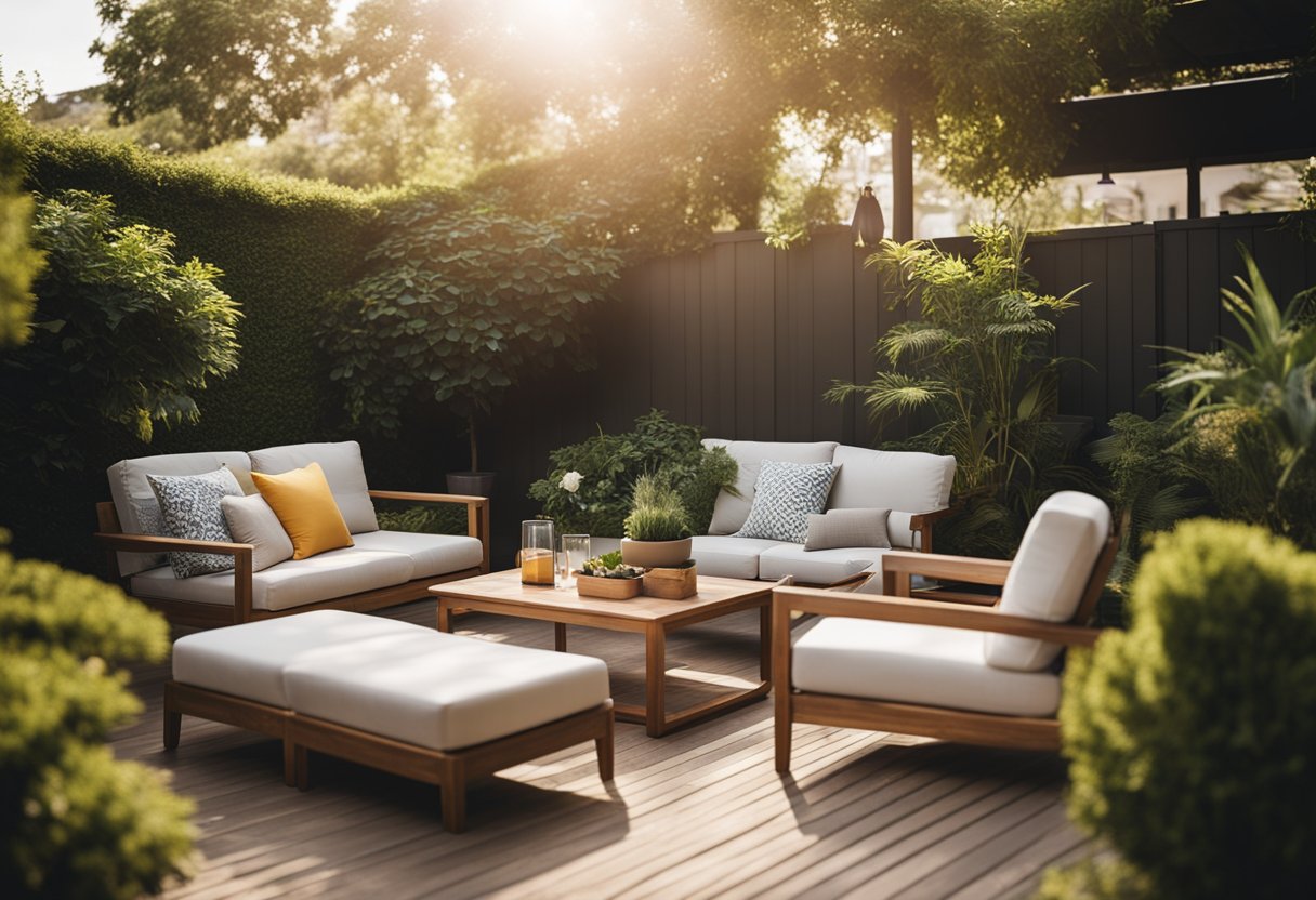 A cozy outdoor setting with stylish rental furniture, surrounded by lush greenery and warm sunlight