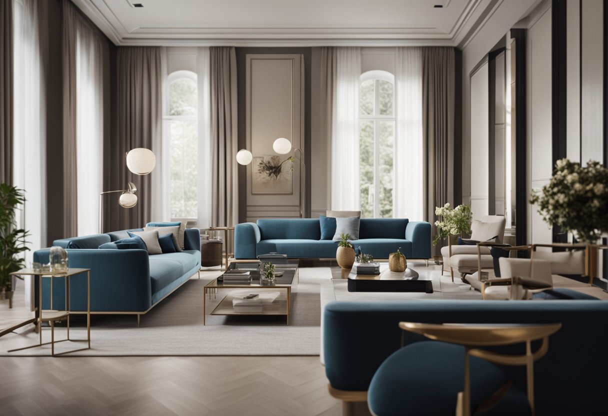 A room filled with elegant, high-quality furniture arranged in a stylish and inviting manner, creating an atmosphere of luxury and comfort