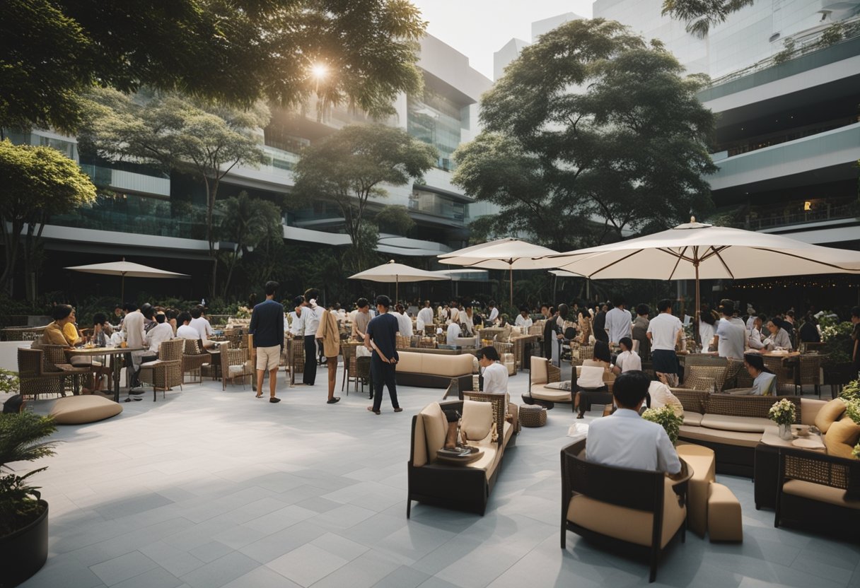 A bustling outdoor event with people lounging on stylish rented furniture under the Singapore sun