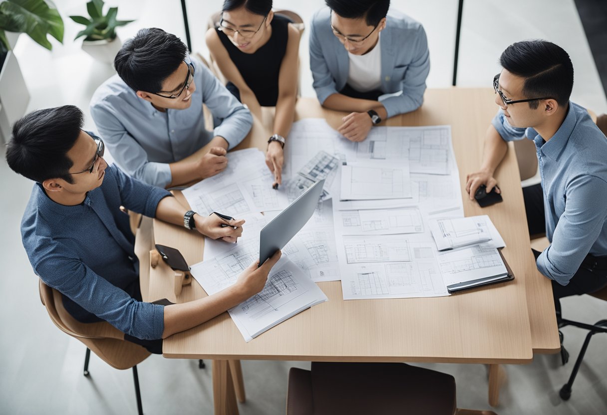 A group of furniture designers in Singapore discussing frequently asked questions, surrounded by sketches and design samples