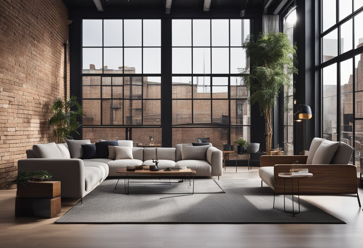 A sleek, minimalist living room with metal and wood furniture, large windows, and exposed brick walls