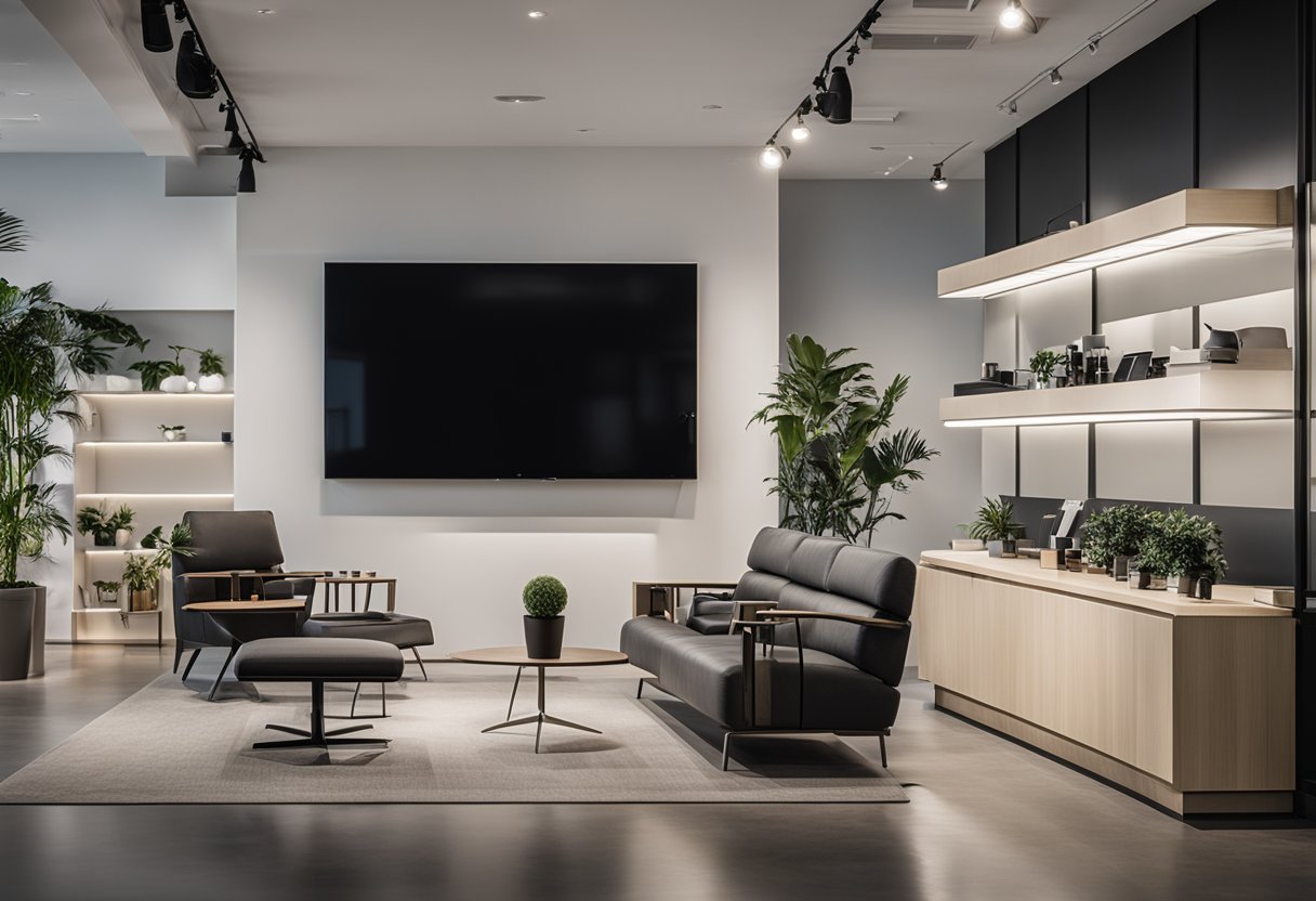 A sleek, minimalist showroom with clean lines and contemporary furniture displays. A large sign prominently features "Frequently Asked Questions modern industrial furniture Singapore."