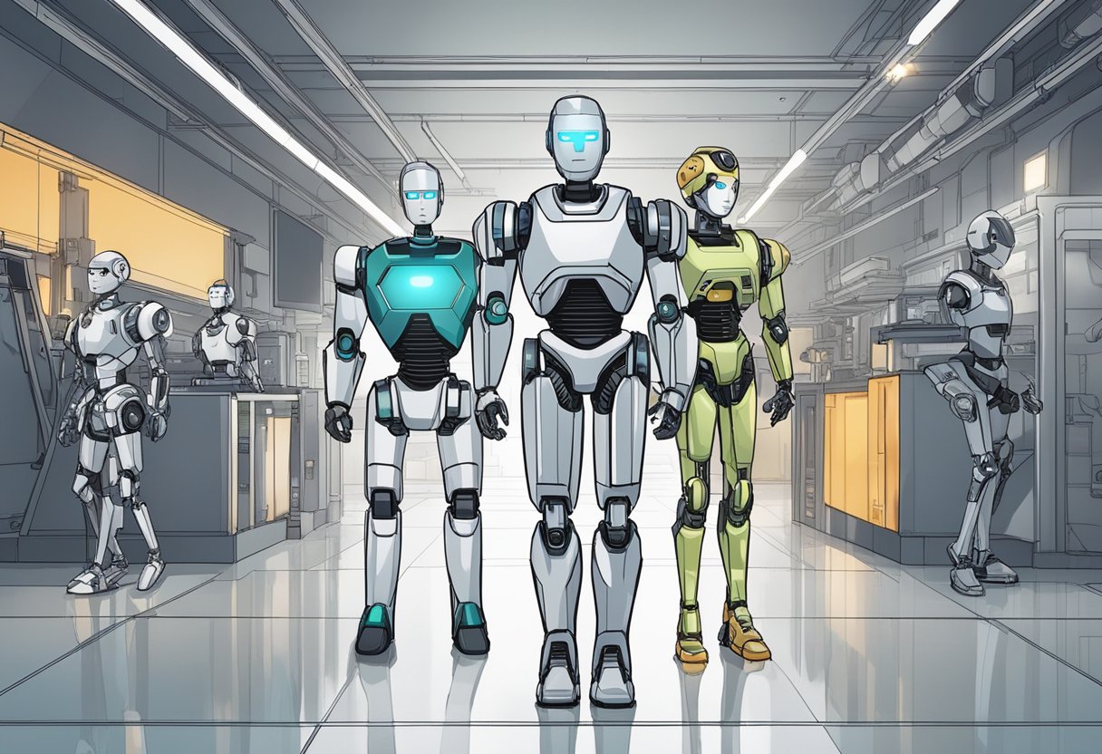 A robot, an android, and a humanoid stand side by side, showcasing their different physical appearances and capabilities, while artificial intelligence operates in the background