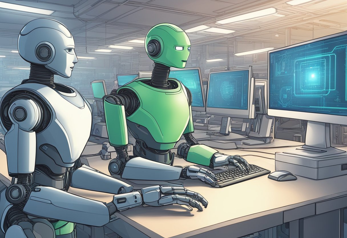 An android stands next to a robot, while artificial intelligence controls a computer. Each entity represents a different concept in technology