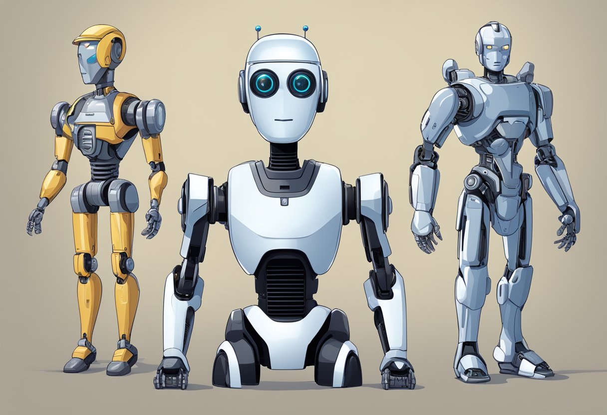 A robot, an android, and a humanoid stand side by side, each displaying unique physical features and capabilities, representing the different forms of artificial intelligence