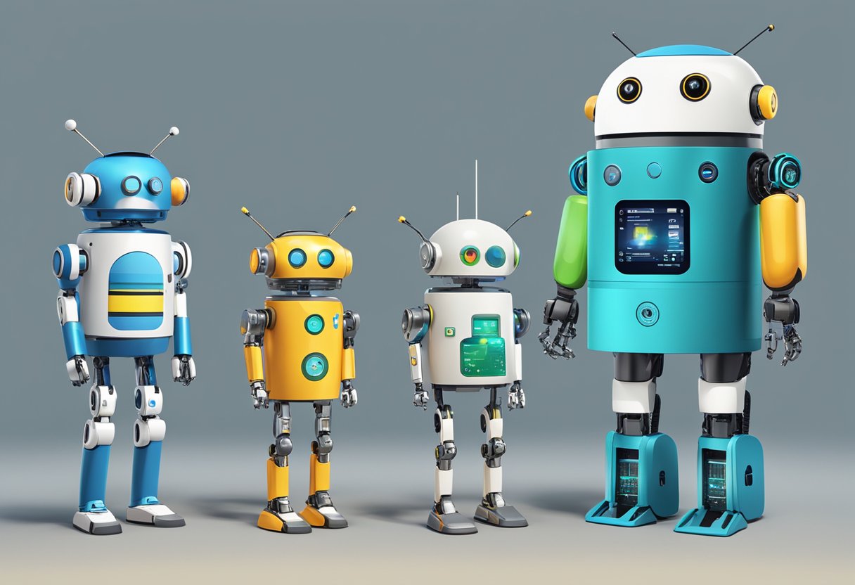 An android, robot, and AI stand side by side, each with distinct features. The android has a human-like appearance, the robot has mechanical limbs, and the AI is represented by a glowing digital display
