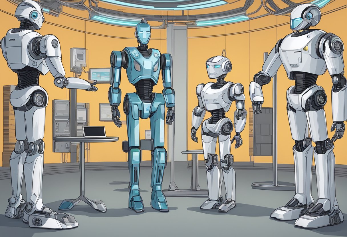 A robot, android, and humanoid stand side by side, showcasing their unique designs and capabilities. An artificial intelligence system operates in the background, powering their functions