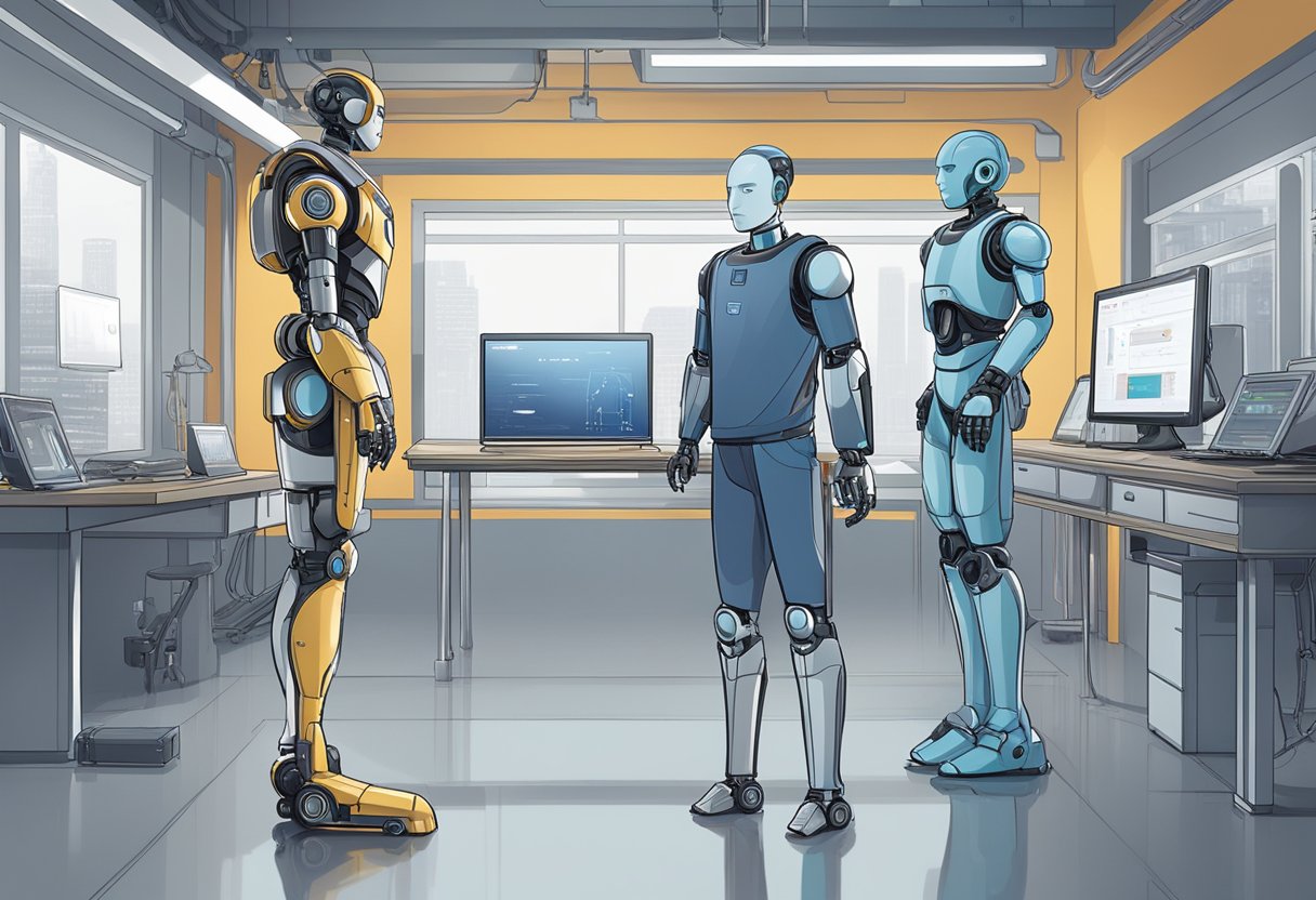 A robot, an android, and a humanoid stand side by side, each with distinct features. A computer with artificial intelligence looms in the background