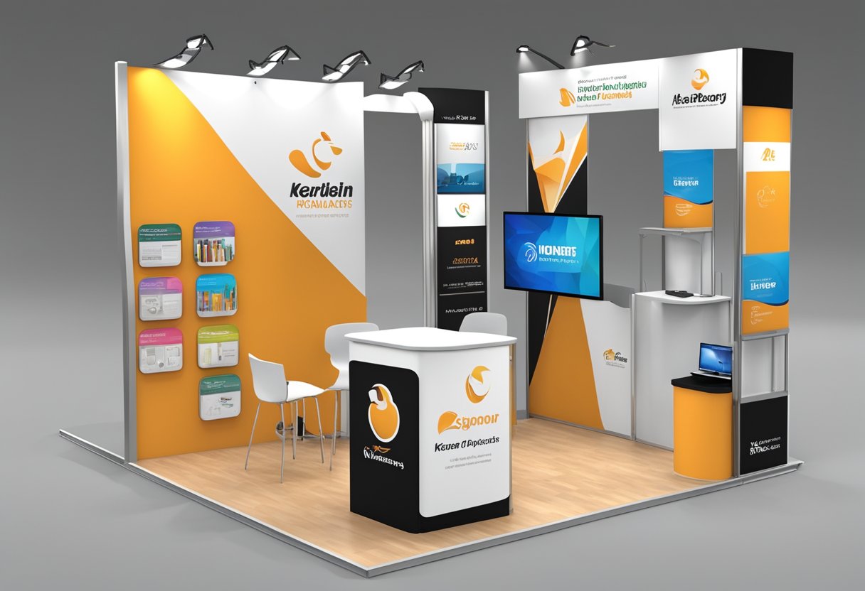 A 10x10 trade show booth display with key elements, 10 ft high, featuring various products and branding materials