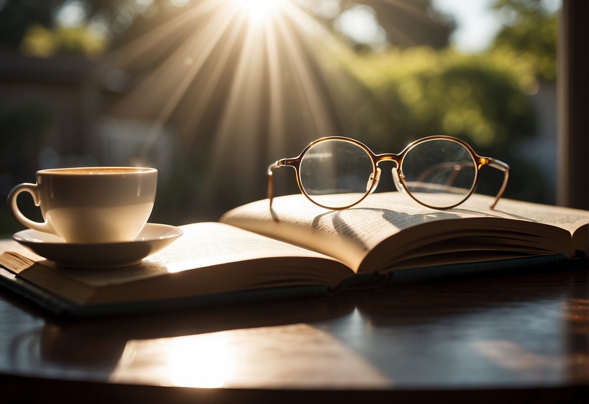 A pair of bifocals resting on an open book, with a cup of coffee nearby. Rays of sunlight streaming through a window onto the scene
