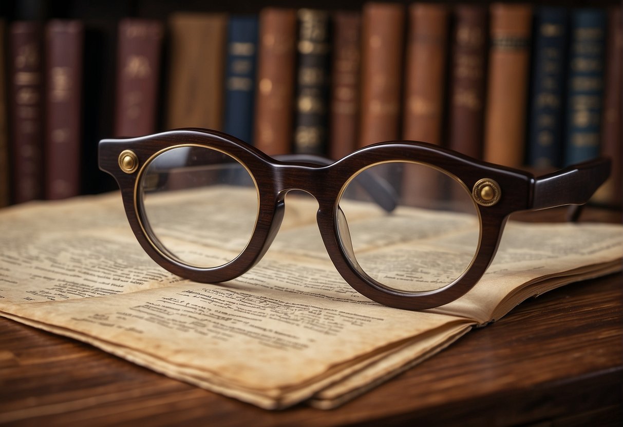 A pair of bifocals on a wooden desk, surrounded by historical documents and scientific instruments from the 18th century