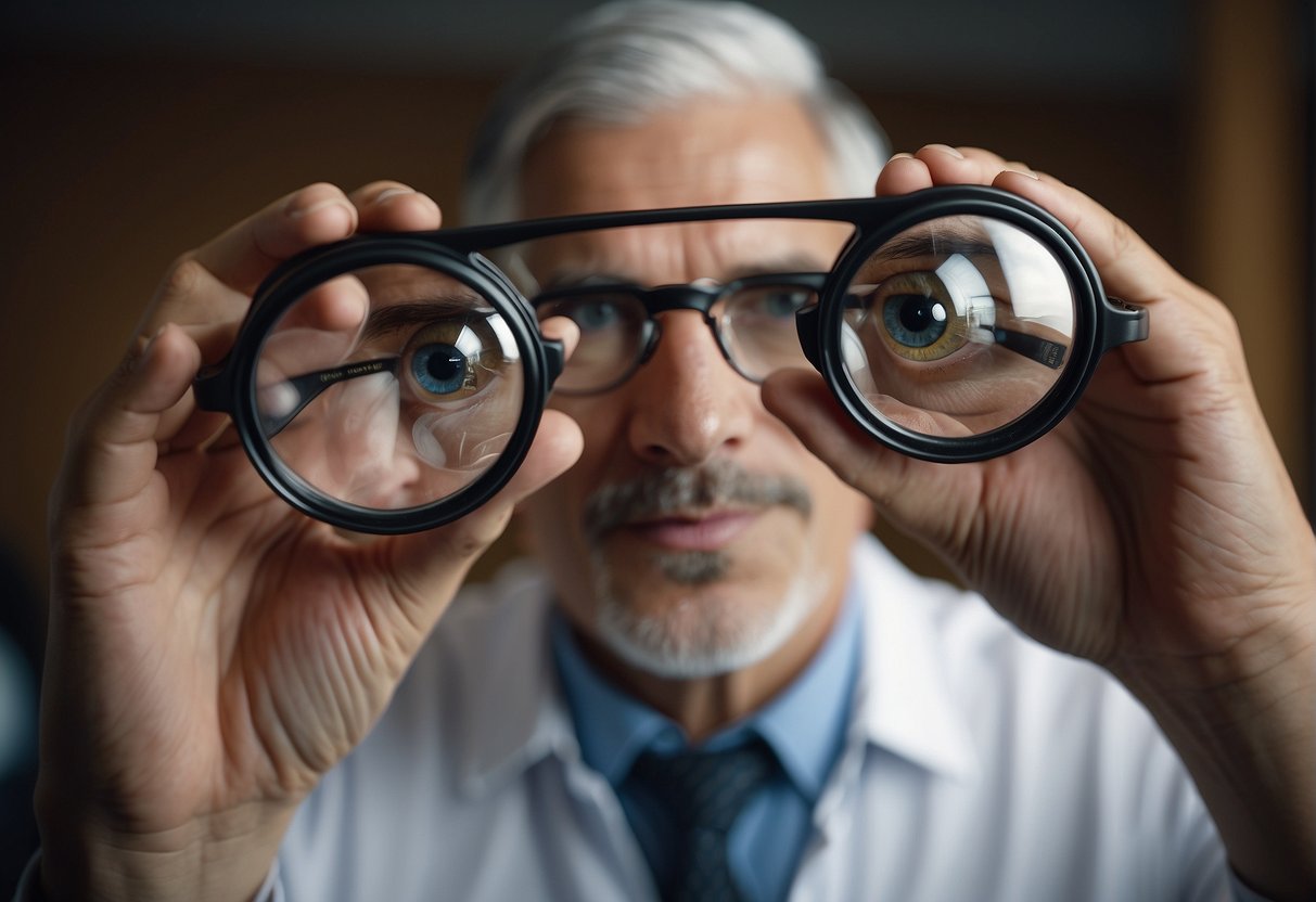 A person holding two pairs of bifocals, examining them closely with a thoughtful expression