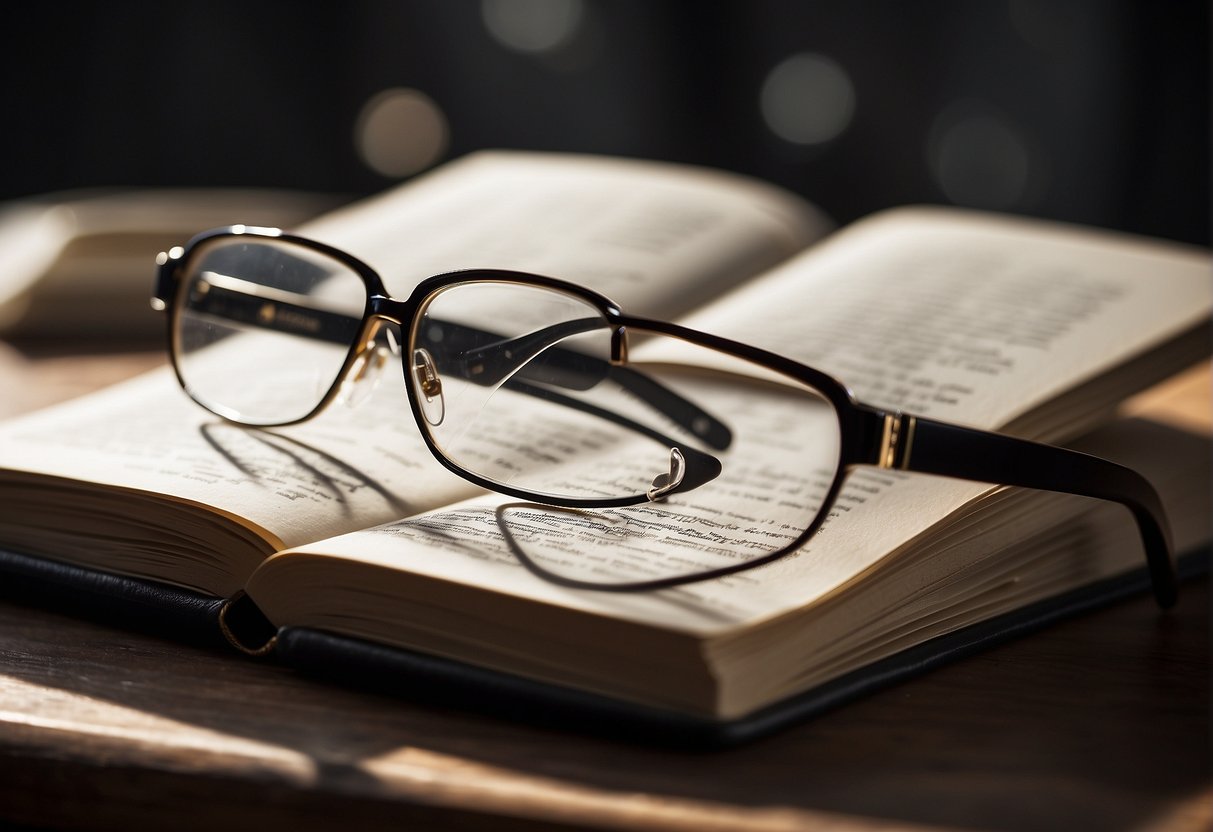 A pair of bifocals resting on an open book, with a stack of papers and a pen nearby. The glasses are modern and sleek, with a clear division between the upper and lower lenses
