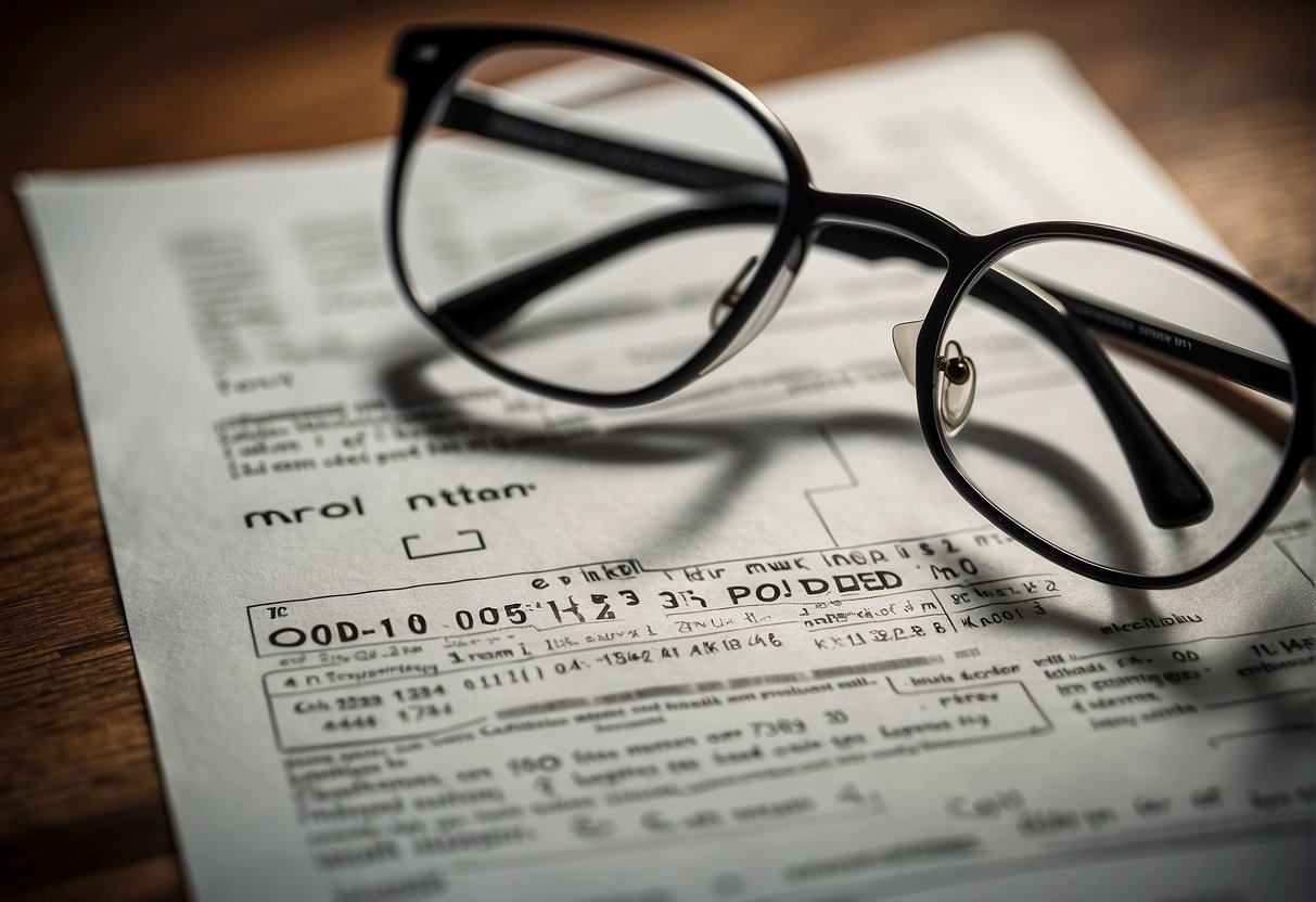 A pair of eyeglasses with two different lenses, one labeled "OD" and the other labeled "OS", along with a prescription sheet and an eye chart in the background