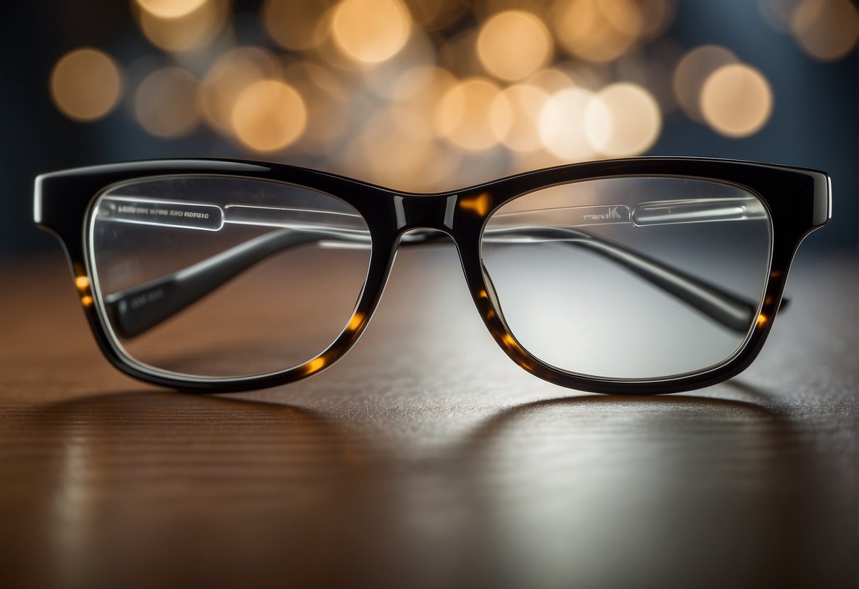A pair of glasses with one lens significantly thicker than the other, representing vision impairments and legal blindness in the right and left eye